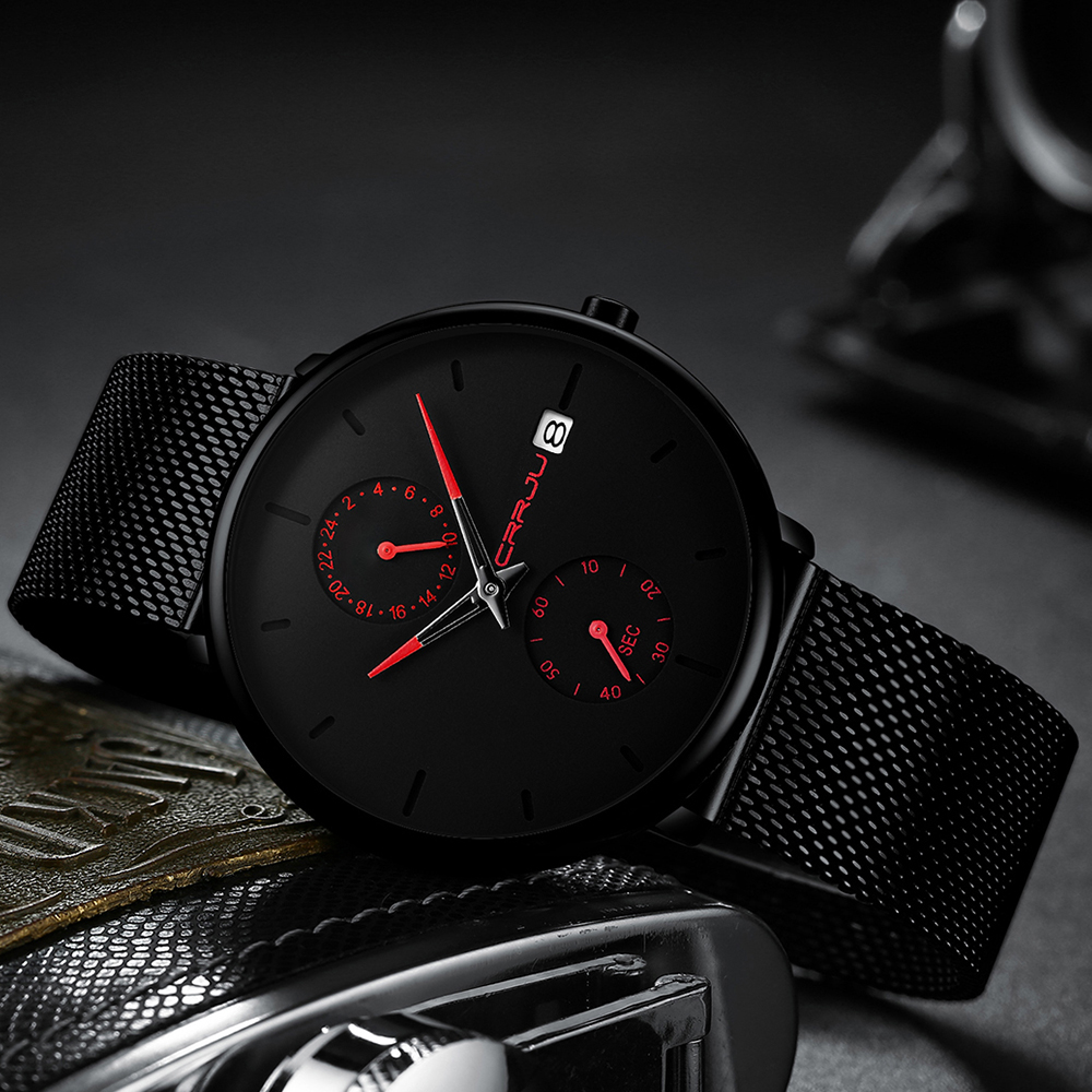 

2022NEW CRRJU Fashion Mens Watches Top Brand Luxury Quartz Watch Men Casual Slim Mesh Steel Waterproof Sport Watch Relogio Masculino, Black