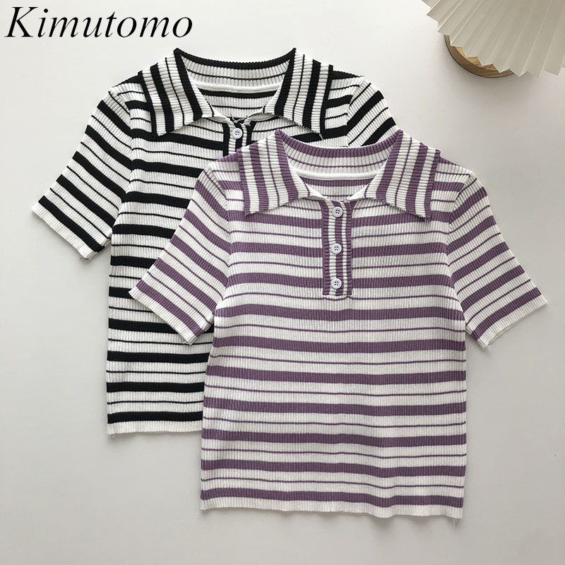 

Kimutomo Chic Striped T-shirt Women's Summer Korean Casual Turn Down Collar Short Sleeve Slim Knitted Tops Fashion 210521, Black