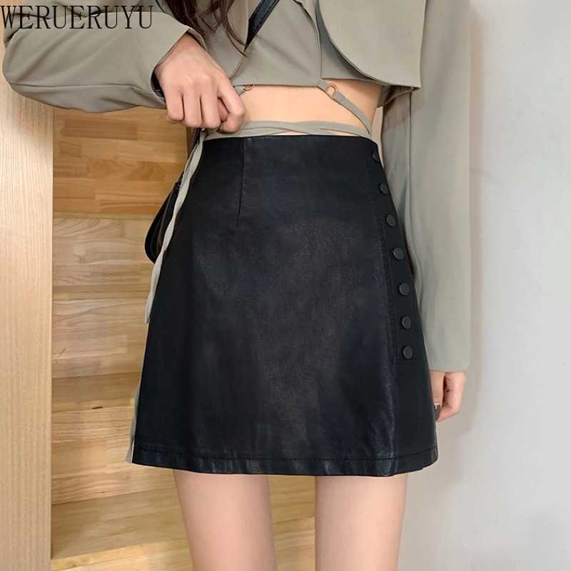 

WERUERUYU short skirt women's autumn winter were thin code half skirt a word pleated PU leather skirt 210608, Photo color