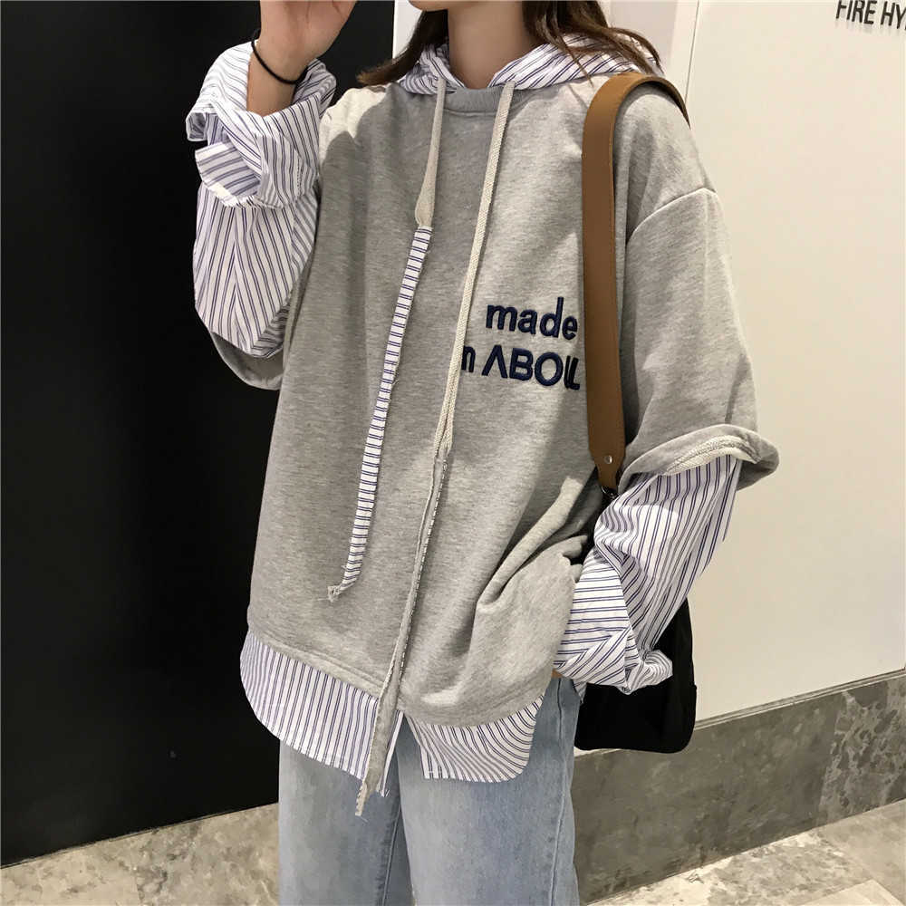 

Korea Harajuku BF women loose embroidered letters fake two-piece stitching hooded long-sleeved Letter sweatshirt stripes hip-hop 210608, Bule