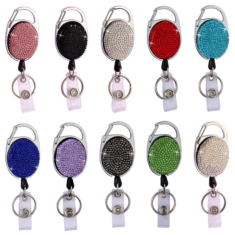 

Party Favor Diamond-studded clay easy-to-pull Metal oval full-diamond telescopic easy to pull creative badge hanging ID buckle