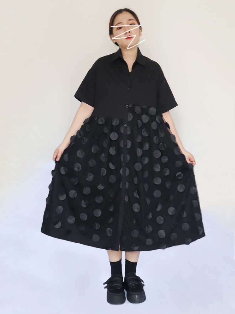 

VANOVICH Stitching Mesh Dress Women Summer Short Sleeve Wild Casual Ladies Solid Color Fashion Clothing 210615, Black