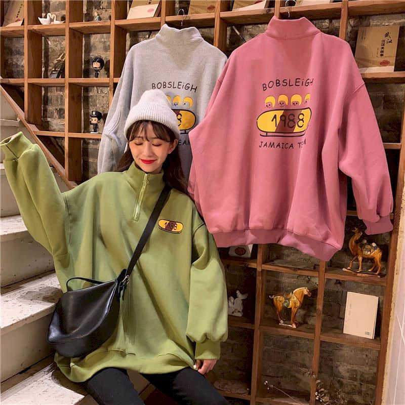 

Hoodies Autumn Clothing Cec Sweatshirt Women's Korean Loose Bf Lazy Style Printing Plus Velvet Thick Stand-up Collar Top 210526, Pink