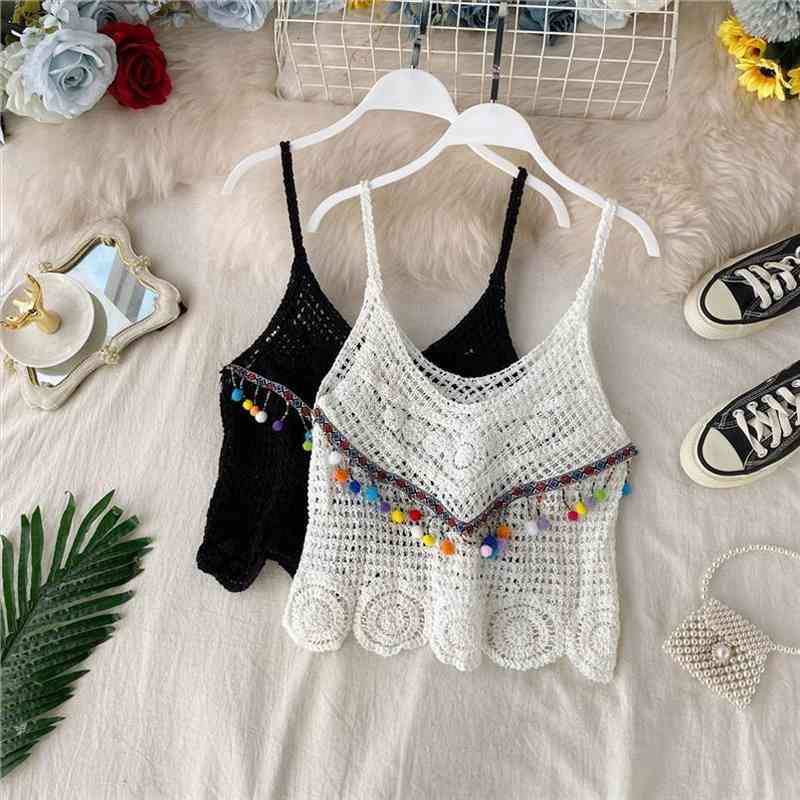 

summer bohemian ethnic style hollow women tank knit rainbow tassel color ball camisole coat small shirt, White