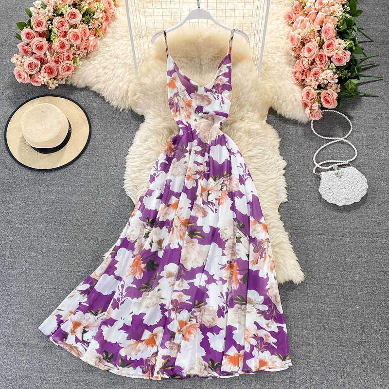 

Summer Vacation Beach Chiffon Spaghetti Strap Long Dress Women Sexy V-Neck High Waist A-Line Vestidos Female Party Robe 2021 New Y0603, Blue 2