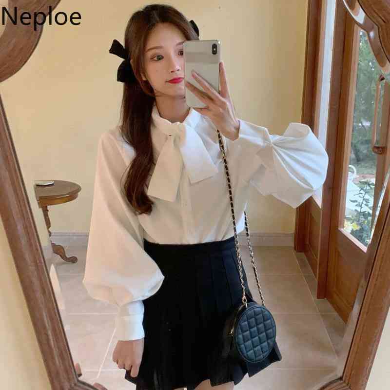 Neploe Blusas Mujer De Moda New Preppy Style Sweet Blouses Women Bow Chiffon Shirt Loose Lantern Sleeve White Blouse Tops 210422