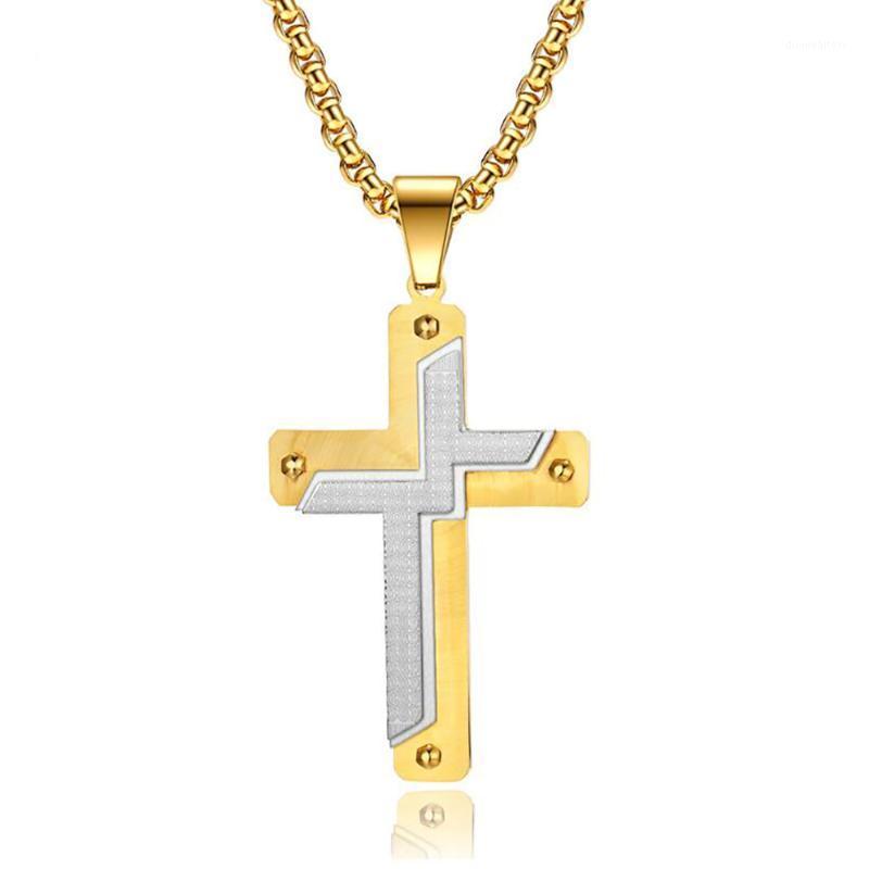

Stainless Steel Gold Rivet Three Layers Cross Jesus Christ Pendant Necklace Jewelry With Chain Gift For Men Chains