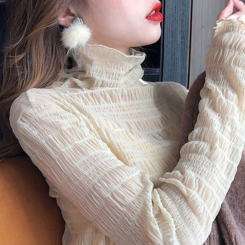 

womens shirt autumn winter women blouse korean style design sense half collar lace mesh bottoming pleated retro clothes, White
