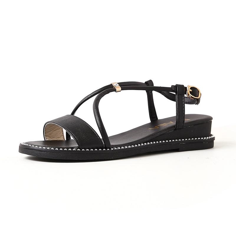

Sandals Women 2021 Summer Flat Wedges Sandal Fashion Buckle Strap Crystal Casual Beach Woman Shoes 36-40, Beige