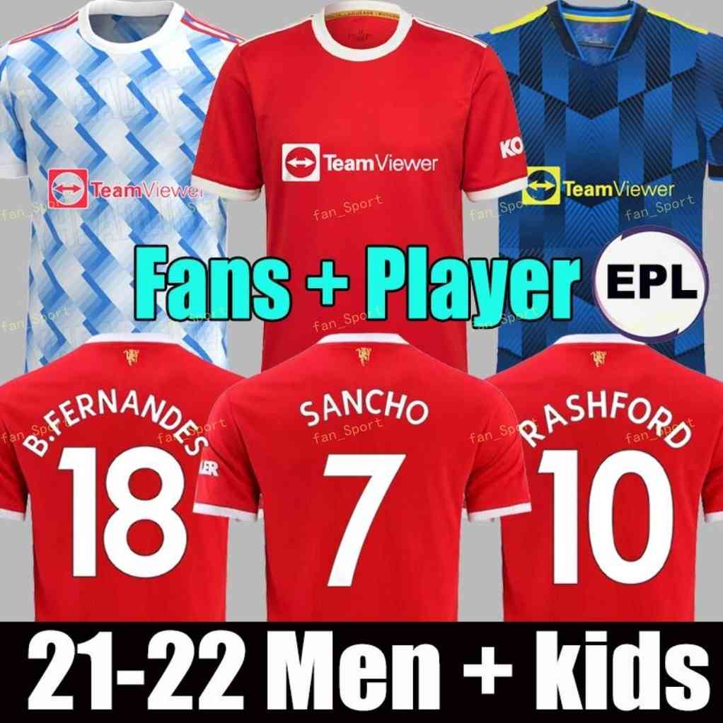 

21 22 SANCHO Manchester soccer jersey UNITED Fans Player version MAN BRUNO FERNANDES LINGARD POGBA RASHFORD football shirt UTD 2021 2022 men + kids kit sets uniform, Adult home+patch1