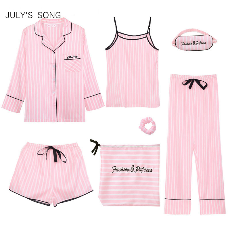 

2021julys song pink 7 pieces womens pajamas sets faux silk striped pyjama womens pajamas sleepwear sets spring summer homewear, Black;red