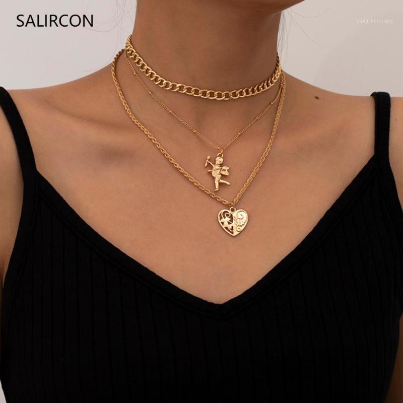 

Salircon Cartoon Angle Wing Heart Pendant Necklace For Women Jewelry Gift Vintage Multilayer Delicate Choker Chain On The Neck Chains