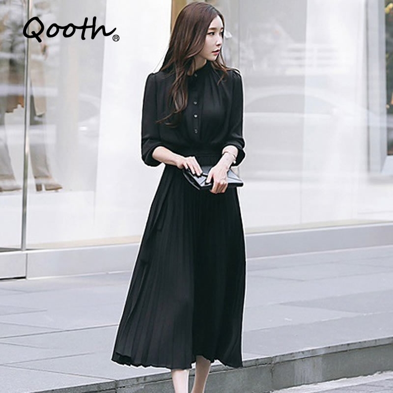 

Qooth Summer Autumn Chiffon Elegant Pleated Dress Women Solid Color Sashes Shirt Dress Full Sleeve Midi Calf Dresses QT009 210518, Dark blue
