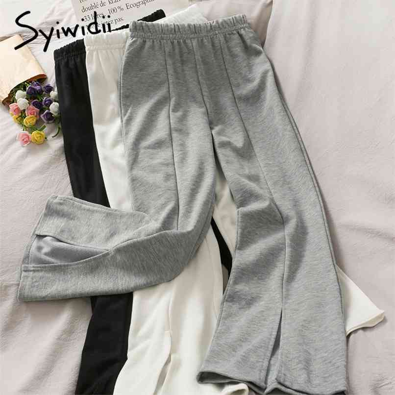 

Folds Elastic High Waist Pants Women Casual Solid Black Slit Loose Trousers Spring Summer Korean Fashion 210607