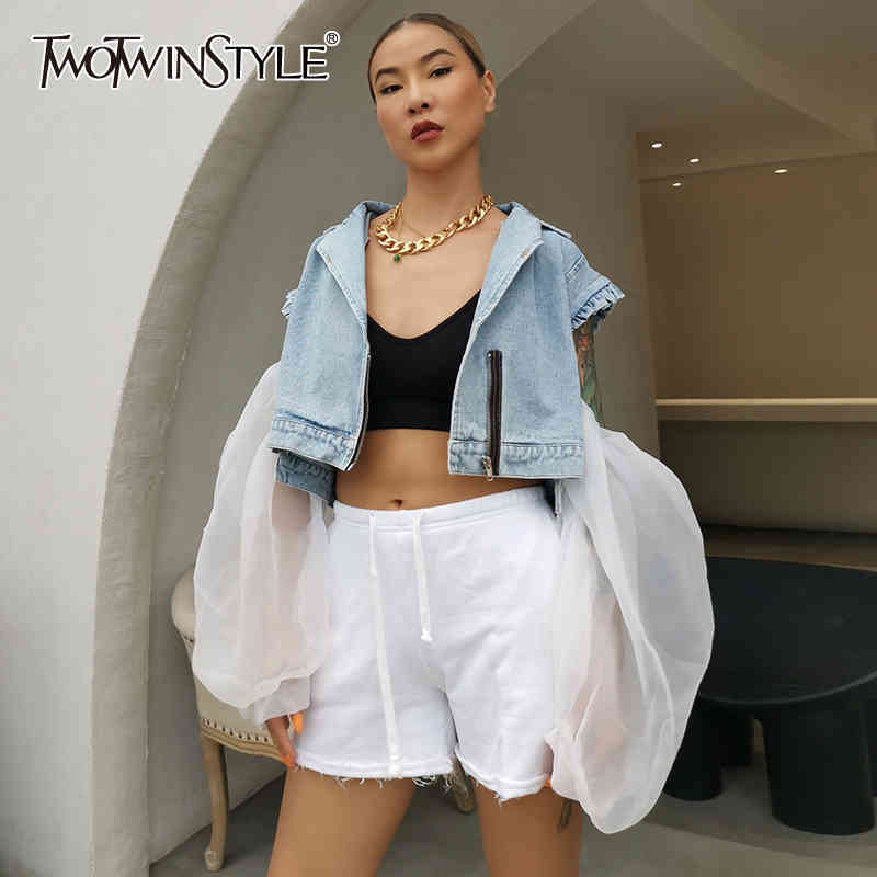 

Casual Patchwork Mesh Denim Jacket For Women Lapel Lantern Long Sleeve Short Slim Jackets Female Spring Fashion 210524, Blue