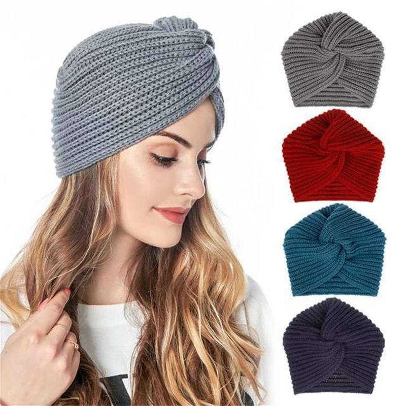 

Beanies Fashion Knitted Knot Cross For Women Autumn Winter Girls Hair Accessories Headwear Elastic Band Knit Hat