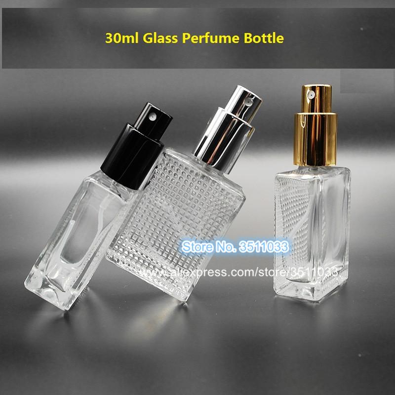 

30ml Square Perfume Spray Glass Bottle With Empty Atomizer Refillable Bottles Black Gold Silver Packing