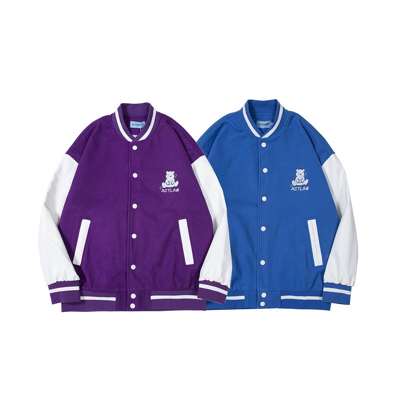 

Retro Hip Hop Baseball Uniform Bear Embroidered Collar Jacket for Men and Women Graphic Jacket H6G5#, Violet purple