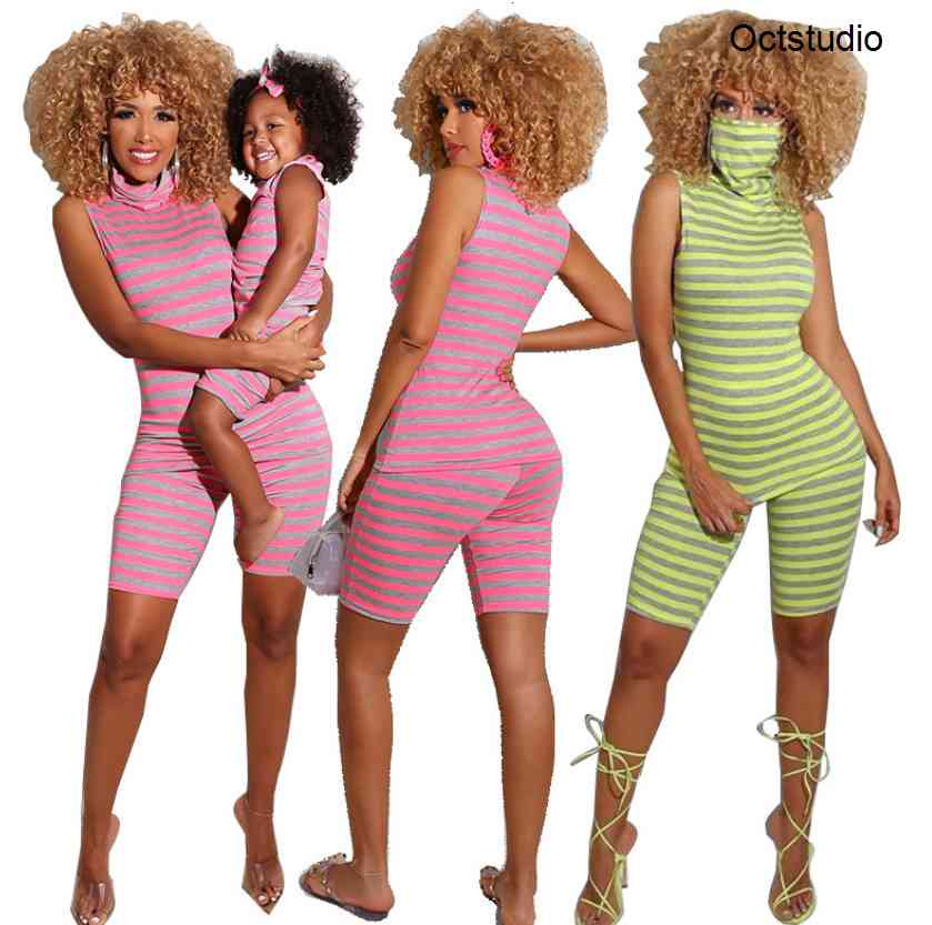 

Family matching outfits girls stripe vest tops+shorts 2pcs mother casual outfit mommy and me match clothing A6786, Pink