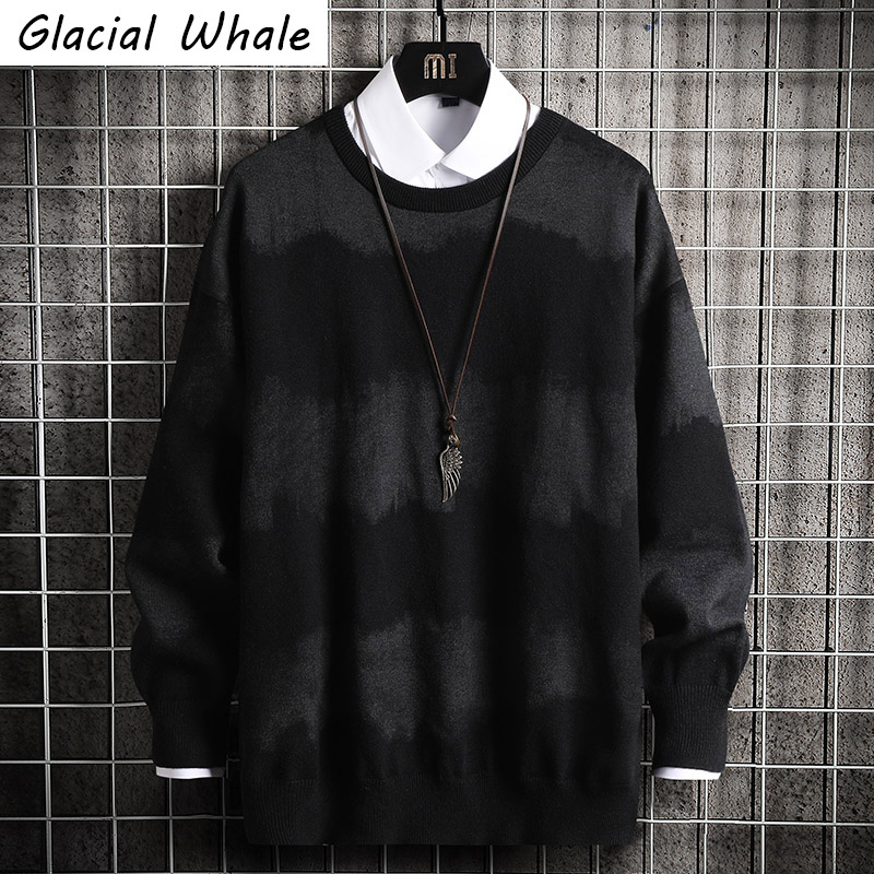

glacialwhale oversized mens knitted sweater 2021 striped gradient sweaters jumper pullover hip hop harajuku black sweater men