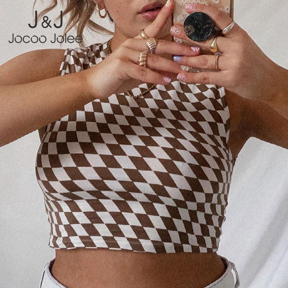 

Jocoo Jolee Women Summer Sexy Streetwear Crop Top Y2K Elegant Lingge Plaid Hit Color Navel o Neck Tank Tops Party Club 210518, Brown