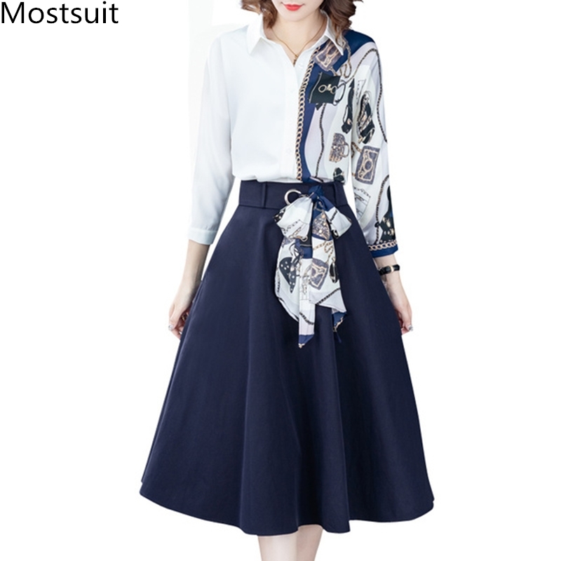 

Autumn Office Two Piece Sets Outfits Women Plus Size Printed Patchwork Shirt And Pleated Long Skirt Suits Elegant Fashion 210518, As pictured