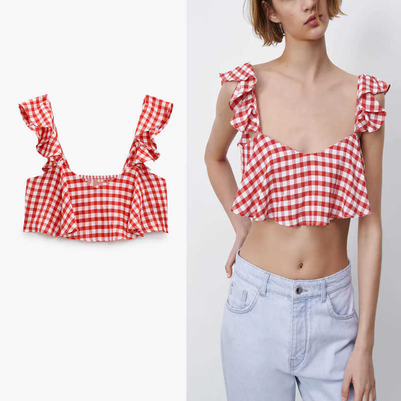 

ZA Cropped Gingham Top Women Wide Straps Ruffle Summer Tank Chic Smocked Elastic Vintage Woman Plaid Red Camis Tanks 210602