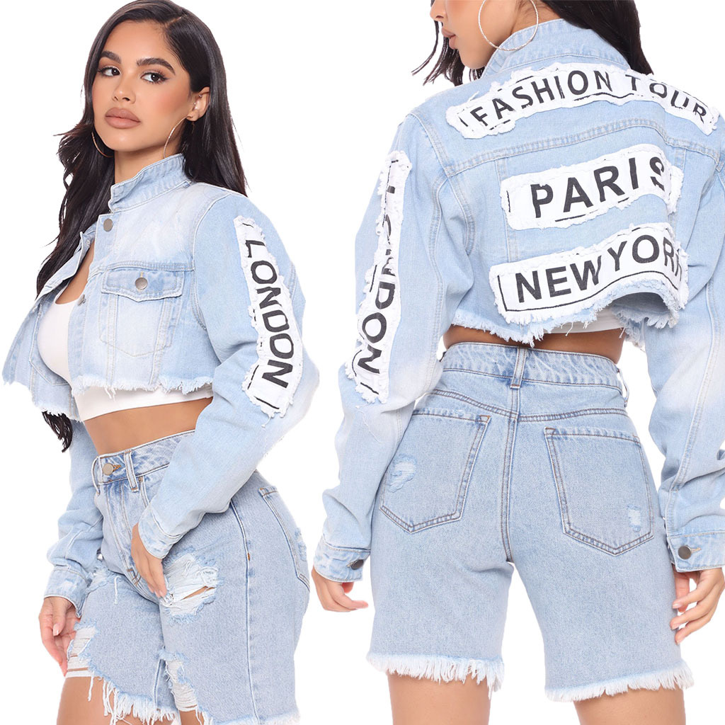

2022 European and American sexy fashion women's short denim top blouses, Blue