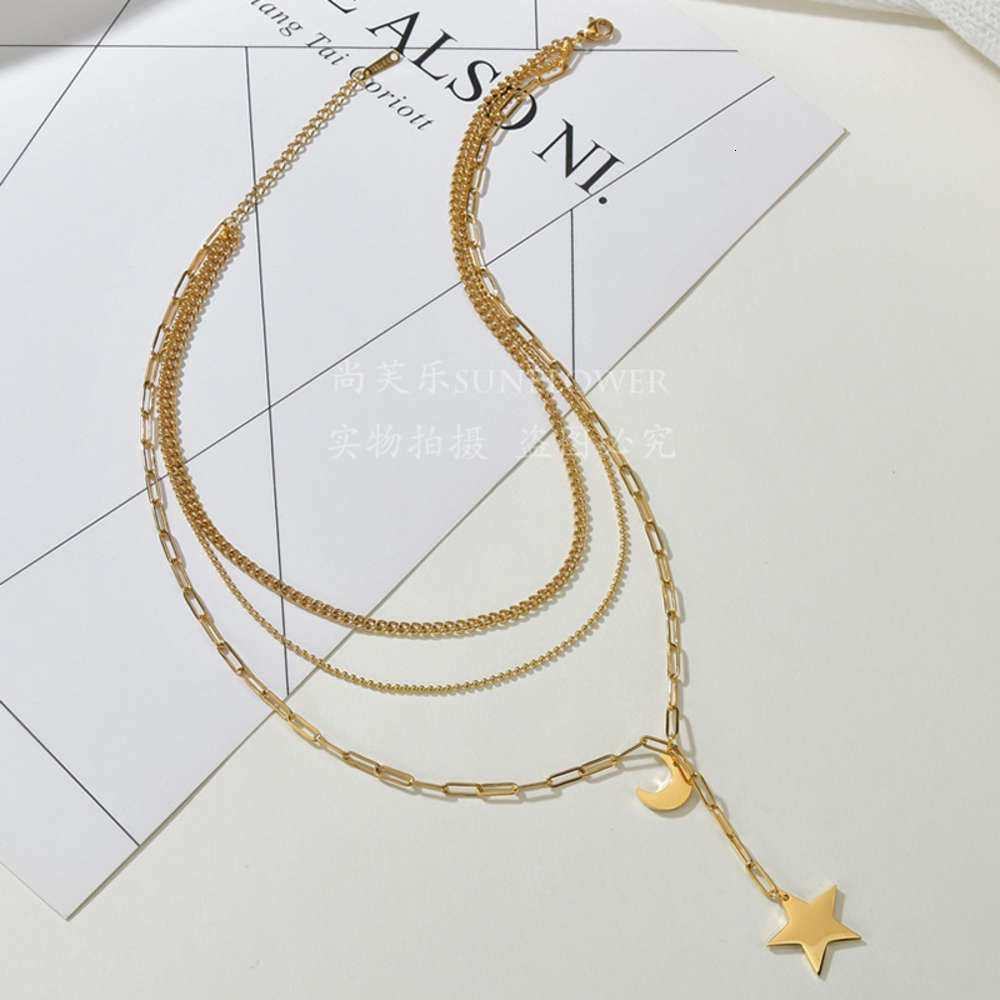 

double-layer star and moon jewelry trend simple titanium steel necklace female niche design, Silver