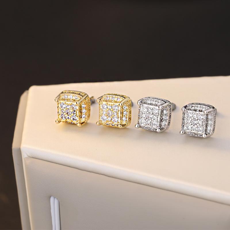 

White Zircon Square Stud Earrings For Men Hip Hop Jewelry Vintage Fashion Full Stone Yellow Gold/Silver Color Male Gift