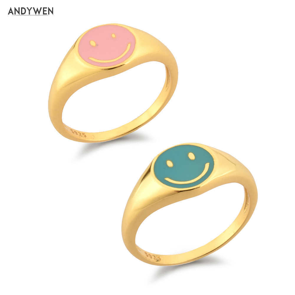 

ANDYWEN Summer 925 Sterling Silver Smiley Face Enamel Turquoise Ring Women Luxury Party Happy Wedding Thick Fine Jewelry 210608