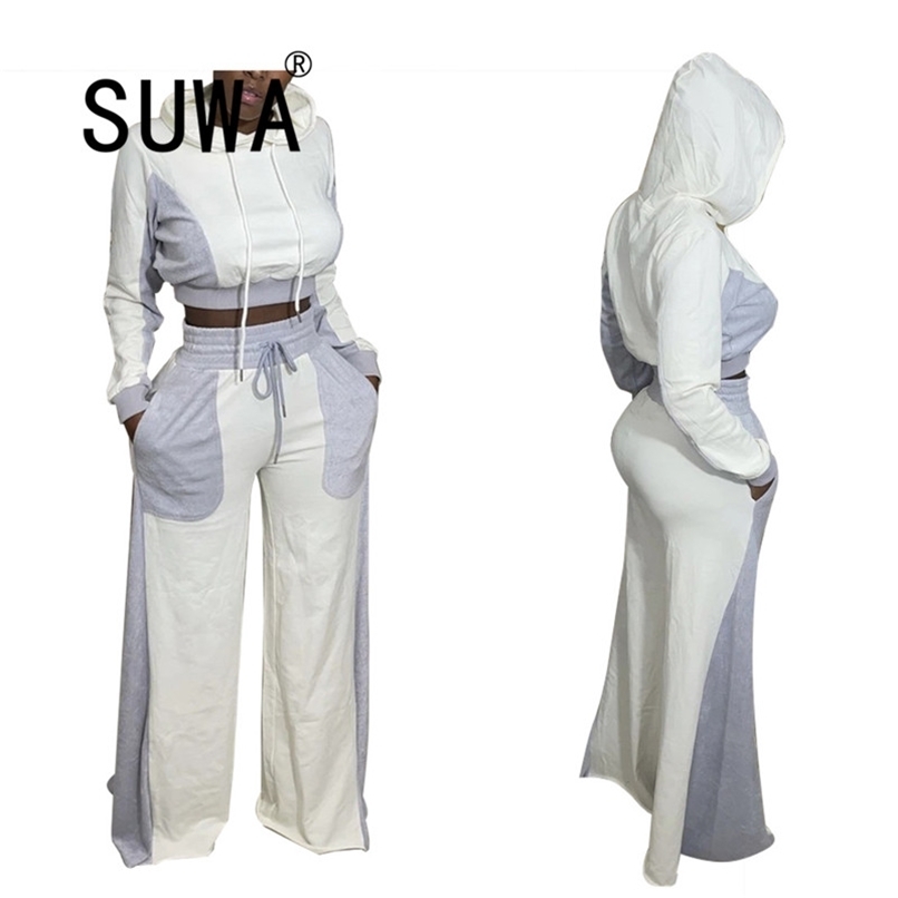 

Autumn Loose Basic Loungewear Women Two Piece Set Sexy Crop Top Wide Leg Pants Suit Casual Matching Sets Elegant Outfits 210525, Multi