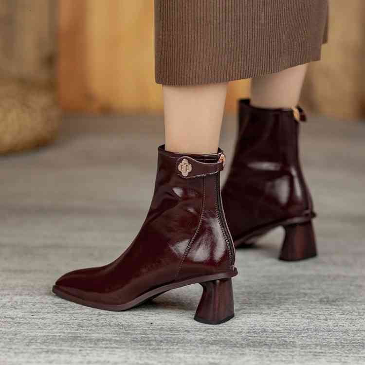 

Boots British style Martin boots women's autumn and winter thick heels temperament high single square head wine red short 2CHU, Black