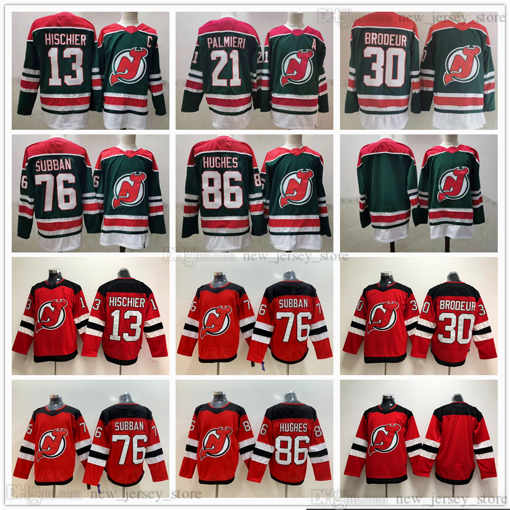 

2021 Reverse Retro Green Ice Hockey Jerseys 13 Nico Hischier 76 PK Subban 86 Jack Hughes Martin Brodeur Taylor Hall Kyle Palmieri Jersey Red White, As picture
