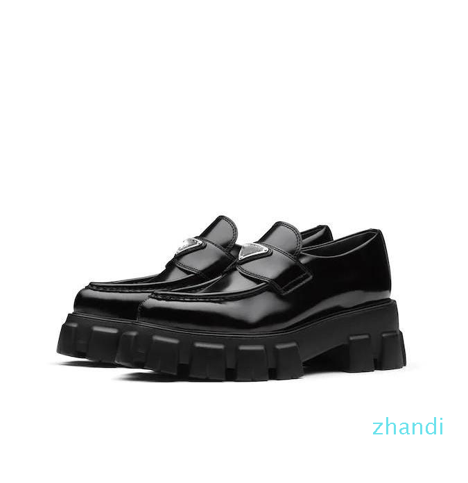 

With Box Women Shoes Luxury Designer Brand Dress Shoe Metal Triangle Logo Monolith Brushed Leather Loafers Platform Heel Pointed and Round, White - pointed toes