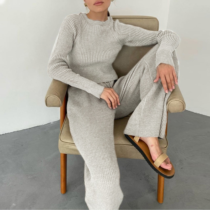 

Solid Knit Ribbed Warm Women' Sets O-neck Sweater Top Drawstring High Waist Wide Leg Pants Female Winter Autumn Casual 210518, Red