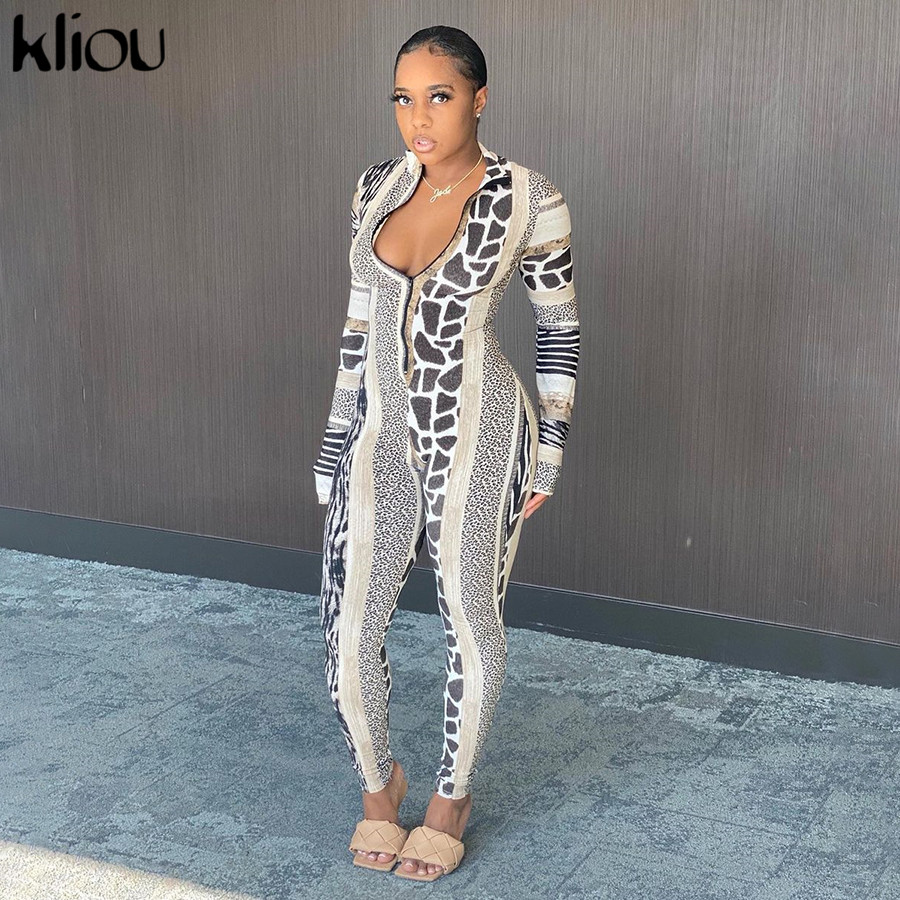 

Kliou Panelled Leopard Pattern Printed Zipper Jumpsuit Women Skinny Elastic Turtleneck Autumn Casual Street Style Female Outfits, Ki