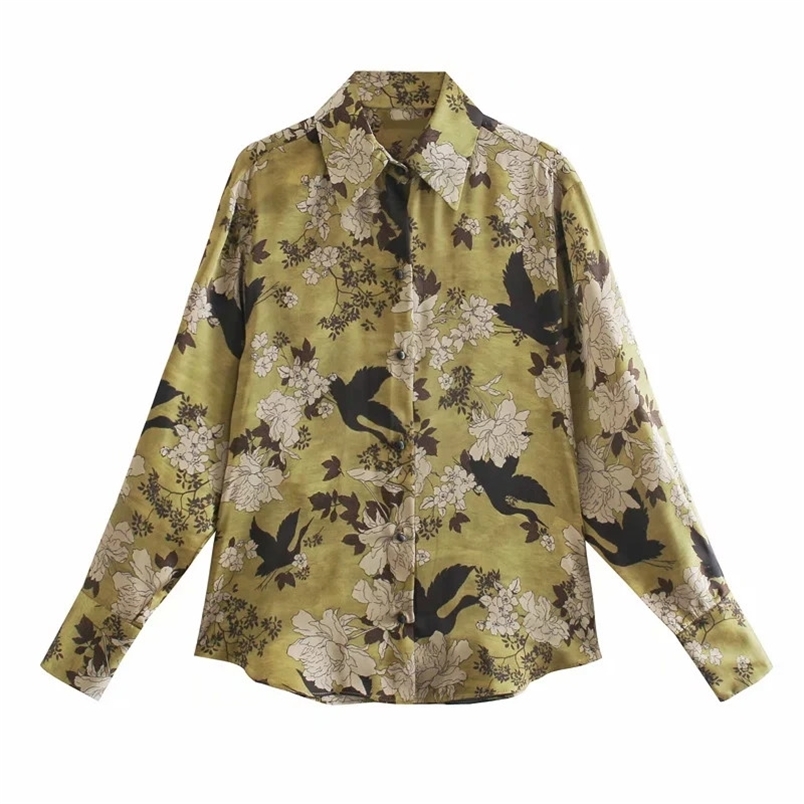 

Vintage Long Sleeve Shirt Women Floral Printed Yellow Elegant Satin Blouse Woman Tops Ladies Collared Button Up 210519