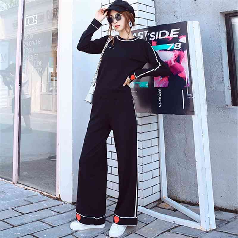 

Autumn And Winter Knitting Wide Legs Pants Suit Women Cashmere Black Knitted Sweater+ 2 Piece Set Women's 210520, Photo color
