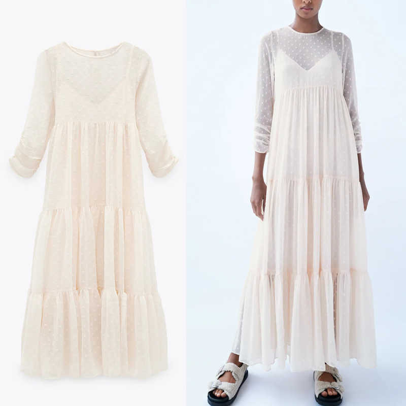 

Za Dot Mesh Midi Dress Women O-neck Transparent Long Sleeve Pleat Party Dresses Back Opening Elegant Tulle Long Dresses 210602, As picture
