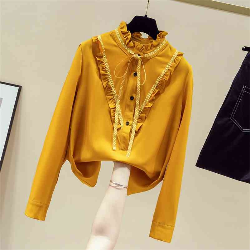 

Autumn Women's Long Sleeves Ruffles Collar Bow Casual Shirt Ladies Girls Shirts Female Blouse Tops A3685 210519, Burgundy