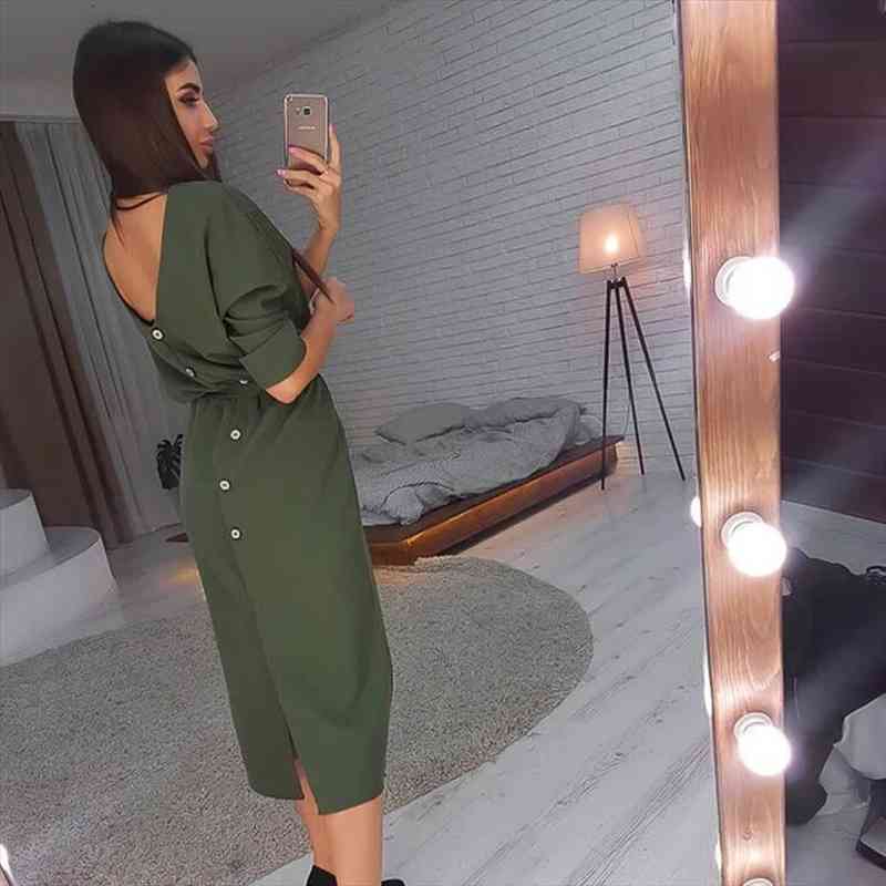 

women vintage sashes back button sheath slim dress half sleeve v solid elegant casual dress autumn fashion, Black;gray