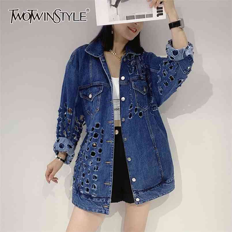 

Casual Chic Jacket For Women Lapel Long Sleeve Sashes Hollow Out Solid Denim Jackets Female Fashion Clothing 210524, White