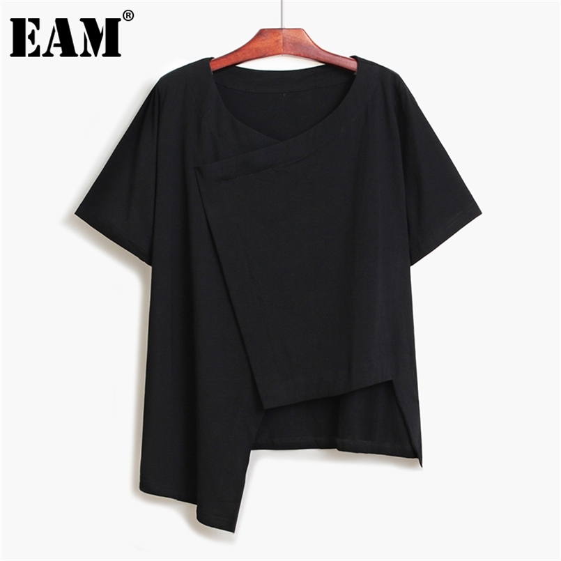 

[EAM] Women Black Big Size Casual Irregular Spliced Cross T-shirt V-Neck Short Sleeve Fashion Spring Summer 1DD8193 210708, Black long sleeve