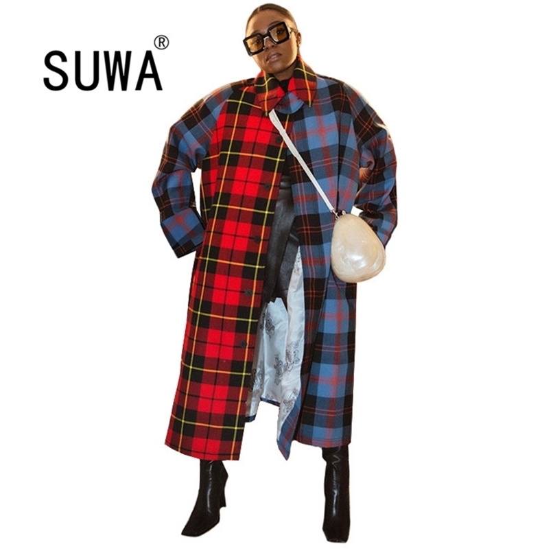 

Fall Winter Women Oversized Coat Long Checked Casual Fashion Chic Jackets windbreaker Outfits 210525, Multi