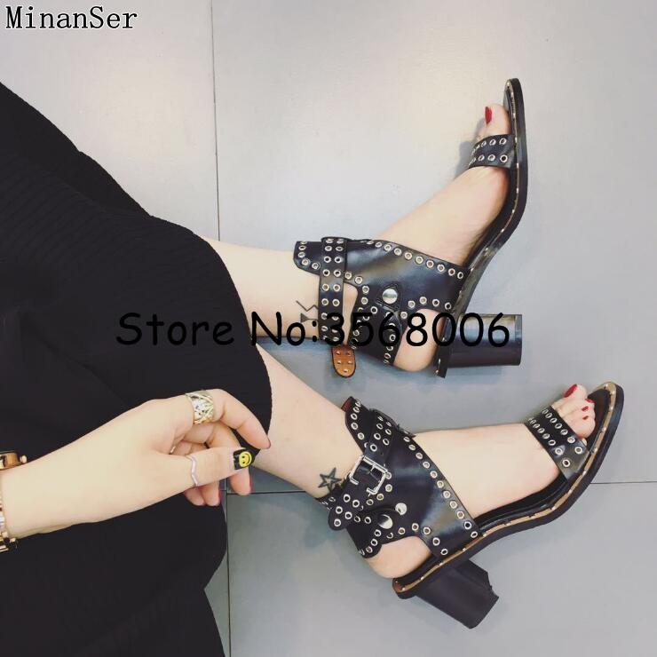

Wholesale Black Brown Studs Chunky Heels Open Toe Gladiator Sandals Casual Outdoor Street Rome Lady Ankle Wrap High Shoes