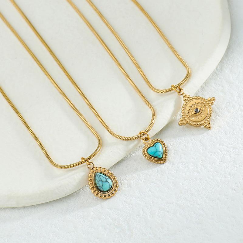 

Pendant Necklaces Stainless Steel Chain Gold Metal Heart Round Geometric Blue Natural Stone Collar Necklace Vintage Jewelry, Silver