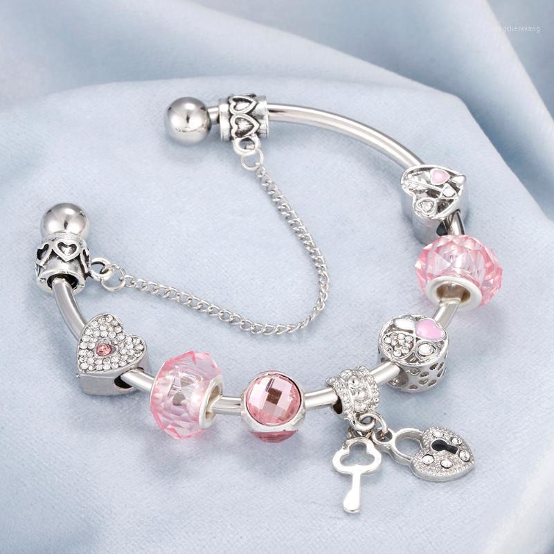 

Shshd Summer Women Sliver Bracelets&Bangles Pink Blue Crystal Heart Flower Beads DIY Charm Bracelet Fashion Jewelry Wrist Chain Bangle