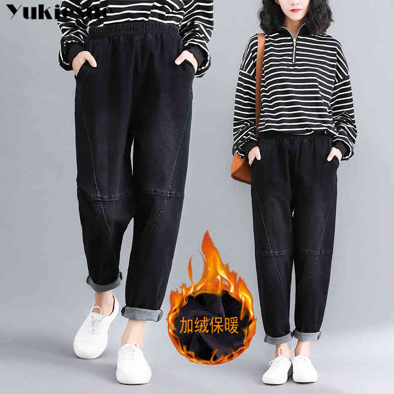 

Velvet High Waist Jeans Women Stretch Winter Warm Denim Pants boyfriend Female Vintage Plus Size Jean Femme 210518, Black no velvet