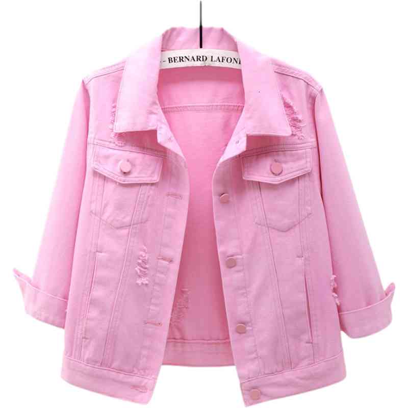 

Women's Jackets 2021 Short Denim Jacket Women Spring 3/4 Sleeve Single-Breasted Thin Hole Vintage Pink Jeans coat Female Loose Clo, White